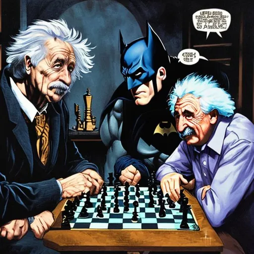 Prompt: Batman and Einstein  playing chess full color  