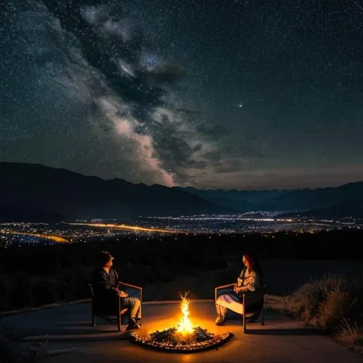 Prompt: long wide view photo highway, quiet, night, starry sky, full moon, serene atmosphere with the silhouette of the hills seen in the distance people who were sitting by the fire ultra hd