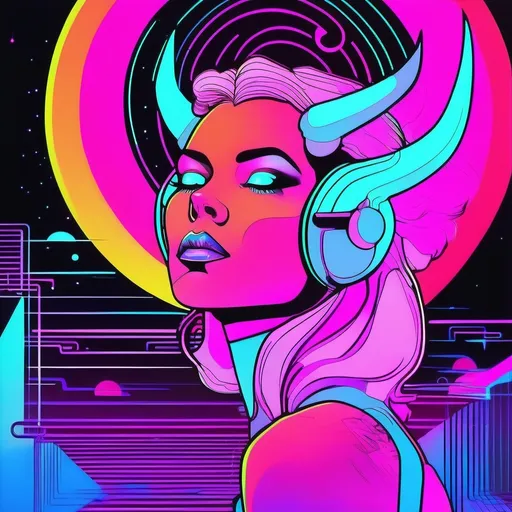 Prompt: a beautiful female demon in a dynamic pose in a retro futuristic synthwave neon paradise.  neon lighting, high quality, beautiful, masterpiece, artistic, synthwave, cyber, retro, futuristic