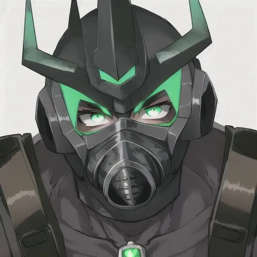 Prompt: A intimidating cold powerful male (named starved) with piercing green eyes with a gas mask like mask on, record of ragnarok