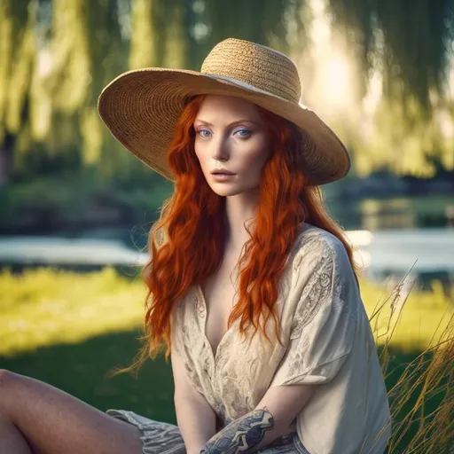 Prompt: highly detailed beautiful 30 year old woman sitting under a willow tree beside a river, long lucious red hair and green eyes, modern, soft lighting, sun hat, tattooed, 24mm, Creative Bokeh, Medium Wide Shot, 3d ray tracing, daytime background, golden hour, direct backlighting, rim lighting, outdoor lighting, subsurface scattering unreal engine 5, octane render, trending on artstation, deviantart, brown tones, 8k, cute freckles, seductive, fashionable,