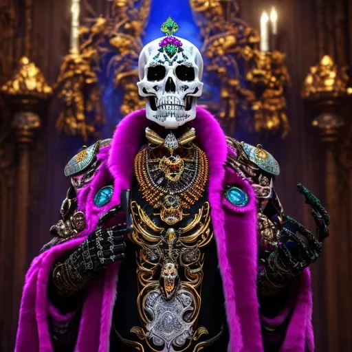 Prompt: Masterwork, octane render. skeleton, Undead Lord, Necromancer. propitious. Wearing Mirage Vest, {dapper}, Wearing a Festival Robe {dias de los Muertos, fur coat}, wearing a gold necklace with ruby jewel, holding a staff with a diamond mounted on top.