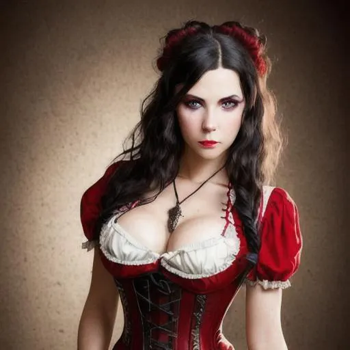 Prompt: Portrait of a wild west saloon girl with dark hair and light eyes wearing a red corset