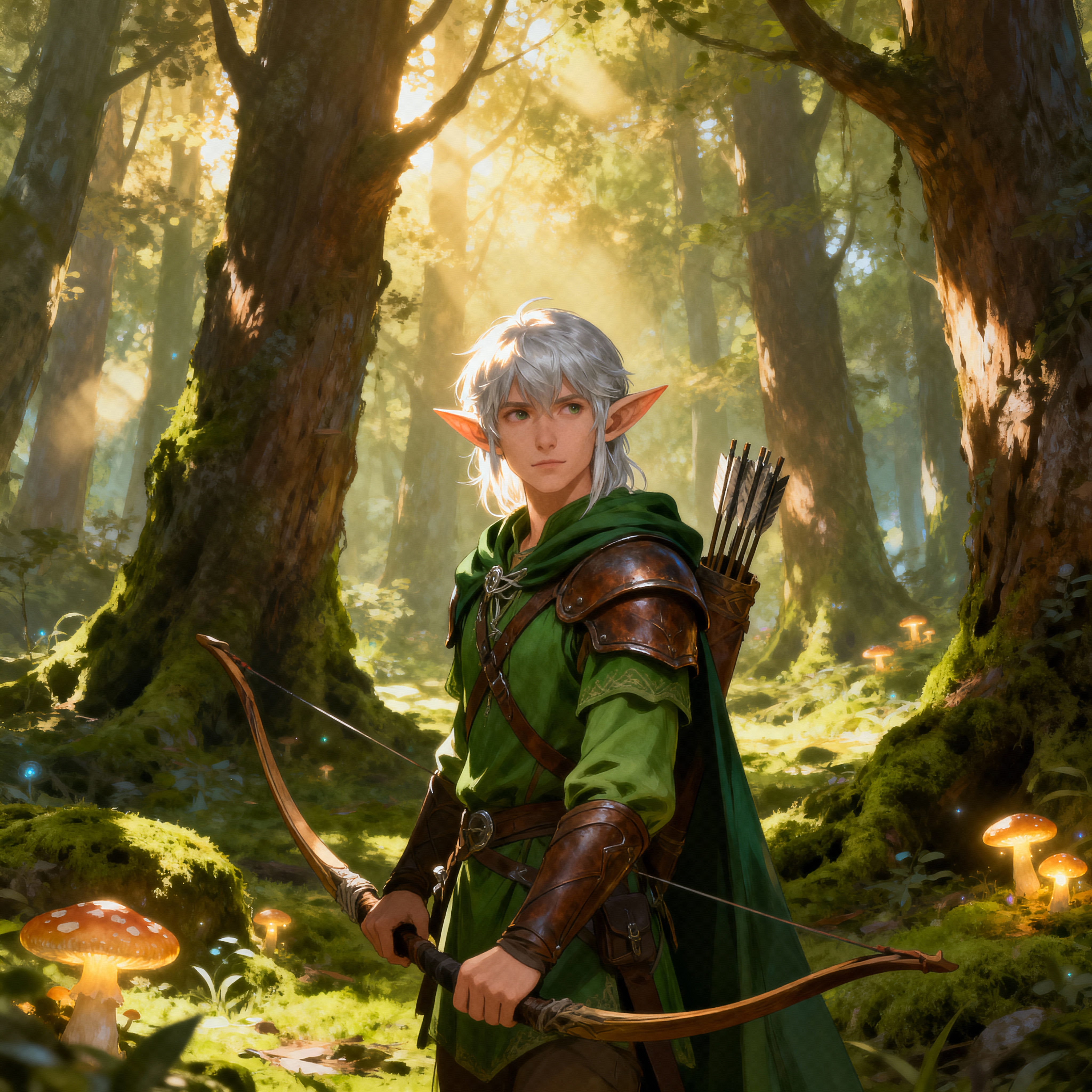 Elf Vs Roper Elf ranger in a mystical forest around sunlight