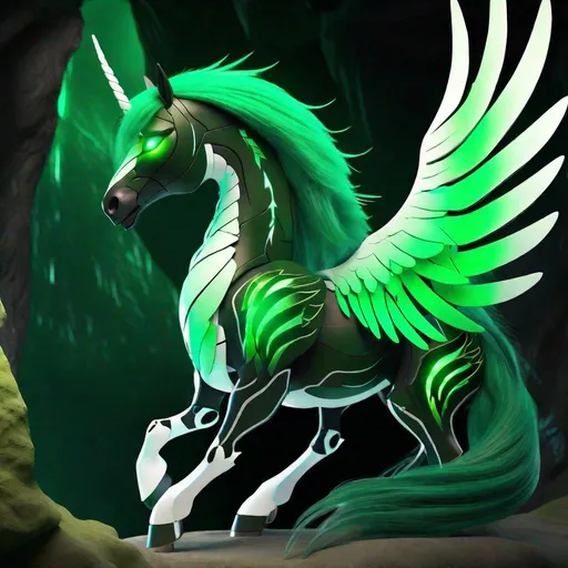 Prompt:  twisted pegasus animatronic hybrid, with focused emerald eyes. They identify as a Male. Emerald colored feathery wings and tail. dark Green ombre mane and tail. UHD, HD, 4K, green haze, green and black coat, anime, lying down in a cave, asleep, resting