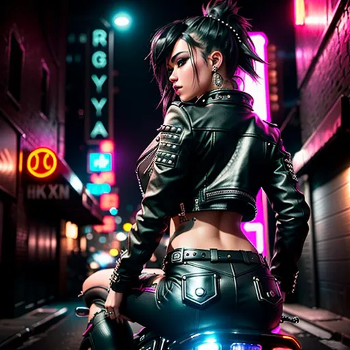 Prompt: Create a highly detailed and visually stunning image of a young woman with a punk-style sitting on a black motorcycle in a narrow, dark cyberpunk alley. The image should be viewed from the back, capturing the woman's face with impeccable eye quality and precise skin texture. The sky should be hidden by skyscrapers, and the scene should be vibrant with neon lights and water puddles on the ground. The image should have a professional photographic quality, with a resolution of 128k. The background of the alley should be extremely detailed, showcasing realistic lighting and materials. Ensure that the woman on the motorcycle is the central focus, creating a sense of mystery and intrigue. The goal is to create a visually stunning and realistic cyberpunk scene that accurately portrays the dark alley, neon lights, and water puddles. ((photorealistic)), ((hyperrealistic))