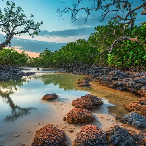 Prompt: Dawn over a lush mangrove shoreline with rocks, sand, corals, birds, fishes, crabs, and wildlife in oil