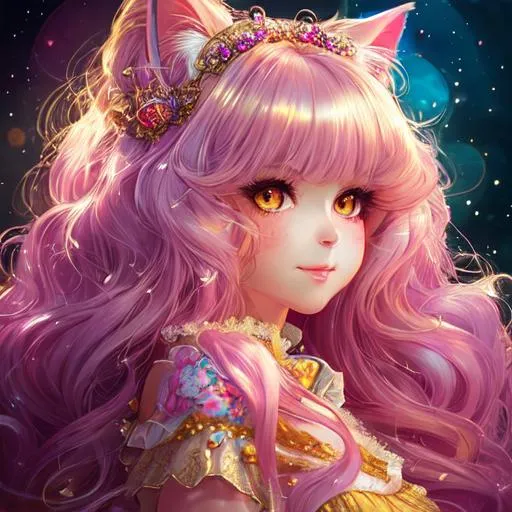 Prompt: Portrait Of A Cute Cat, Fluffy, Long Hair, Hyperdetalization Of Eyes, Lace, Beautiful Dress, Rhinestones, Sequins, Kind Face, Cute Smiles, Soft Facial Features, Thick Eyelashes, Jewelry, Lisa Frank, Anime, Anna Dittmann, Fantasy Art, Concept Art, Colourful Lighting, Golden Hour, anime Character Design, Unreal Engine, Vintage Photography, Beautiful, Tumblr Aesthetic, Retro Vintage Style, Hd Photography, Hyperrealism, Beautiful Watercolor Painting, Realistic, Detailed, Painting By Olga Shvartsur, Svetlana Novikova, Fine Art, Soft Watercolor