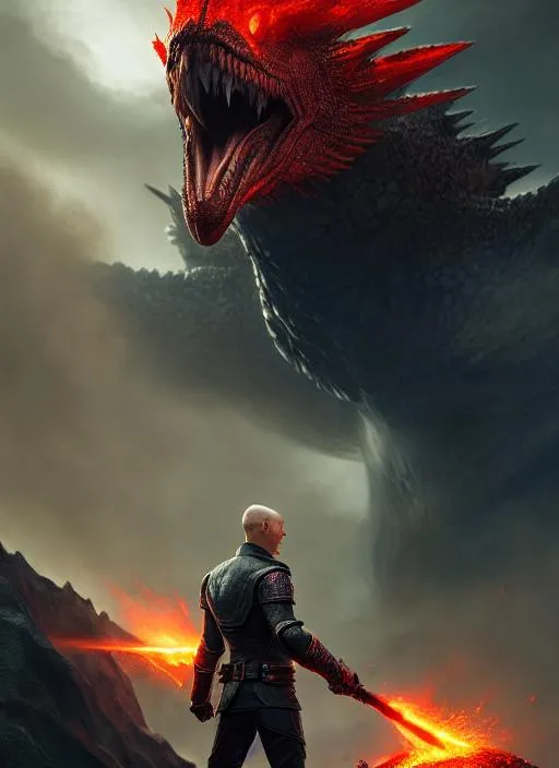 Prompt: Portrait of Wyvern with no hair and with serious face, volcanic eruption, perfect composition, hyperrealistic, super detailed, 8k, high quality, trending art, trending on artstation, sharp focus, studio photo, intricate details, highly detailed, by greg rutkowski