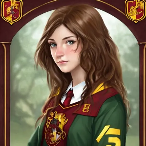 Prompt: brown-haired, green-eyed woman as a Gryffindor student at Hogwarts