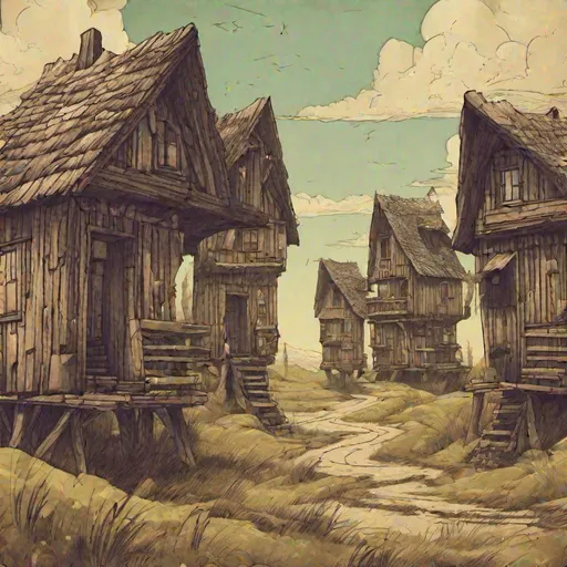 Prompt: two columns of an anthropomorphic landscape of wooden houses, middle of nowhere, janopose style, novel, grunge, fantastic