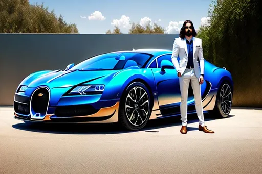 Prompt: Sigma male Jesus Christ standing next to a Bugatti.