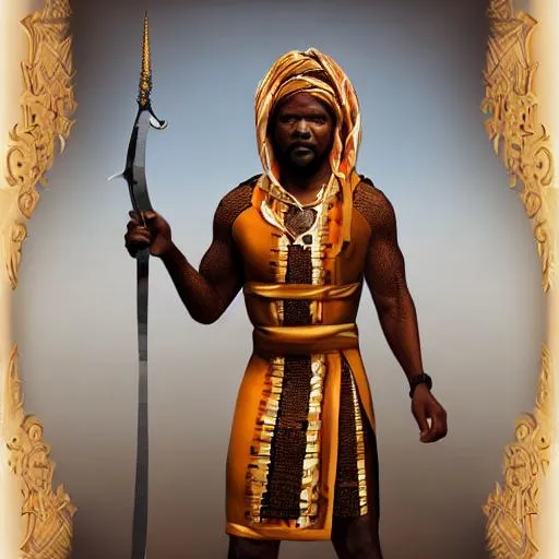 Prompt: A half body photograph of a African American man in traditional African robes posing with a Akrafena sword, portrait, fantasy, medieval, vivid colors, elegant, concept art, sharp focus, beautiful face, digital art, Hyper-realistic, 4K, Unreal Engine, Highly Detailed, HD, Dramatic Lighting by Brom, trending on Artstation