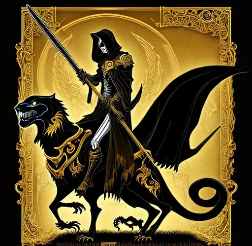Prompt: grim reaper holding a grain cutter and riding on a panther. black and gold colors