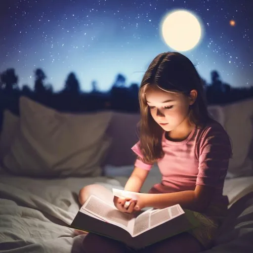 Prompt: Girl reading a book at night