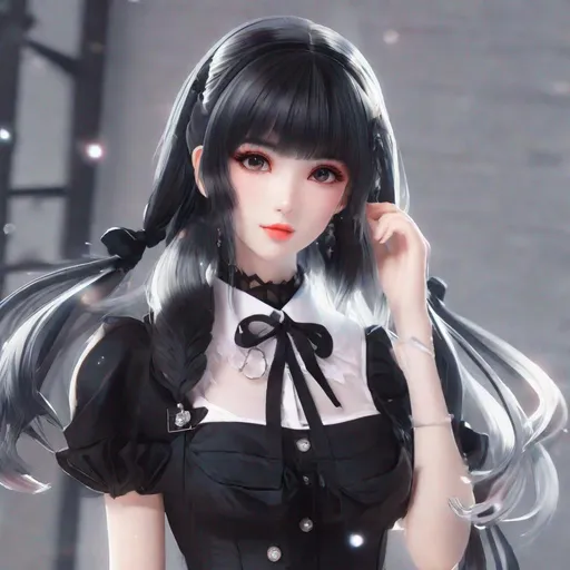 Prompt: 3d anime woman, wispy bangs, rude, pretty, cute hairstyle, goth outfit, and beautiful pretty art 4k full raw HD