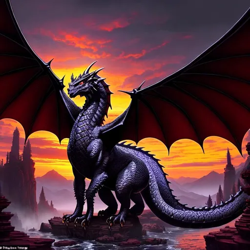 Prompt: Gothic, Dark, Epic, {Western Dragon}, big dreamy eyes, beautiful intricately-colored scales, symmetrical, sunset, ultra HD,  Expansive Magical waterfall background, uber detailed, 64k, high quality, sharp focus, intricate details, highly detailed --s98500