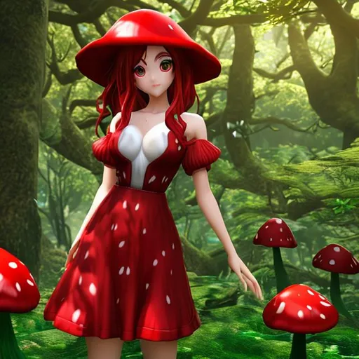 Prompt: A nature loving photorealistic anime woman who is standing in the middle of the dark green forest, there are red mushrooms around her, shes wearing a beautiful red dress