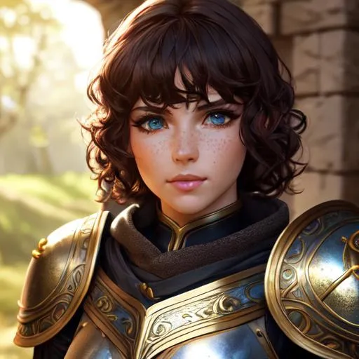 Prompt: cinematic shot, elf, dnd, cleric,  leather armor, detailed face, detailed eyes, full eyelashes, detailed interior, ultra detailed accessories, short curly hair, bangs, freckles, 

((sunshine, very strong sunlight on face, cinematic lighting, volumetric lighting, beautiful shading, head light, back light, natural light, ray tracing, symmetrical)), (((masterpiece, professional, professional illustration))), Fantasy style,

UDR, HDR, 64k, masterpiece