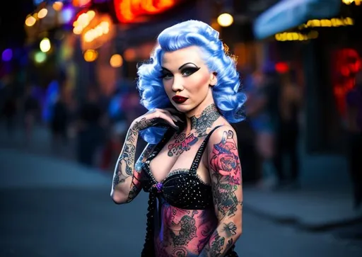 Prompt: Tatooed burlesque queen on the street