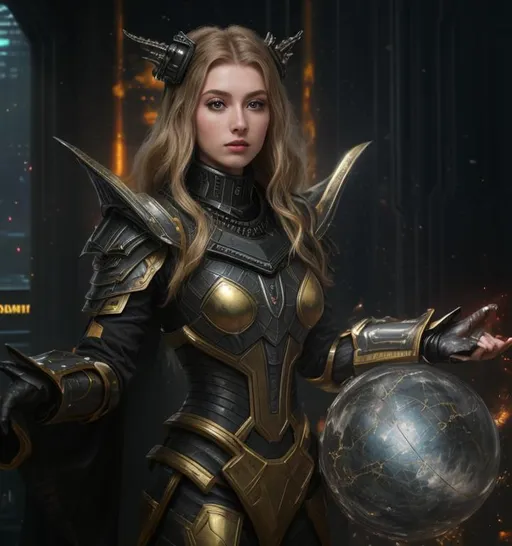 Prompt: splash art, hyper detailed, hyper realistic, highly detailed, dark, surreal heavy mist, floating at the edge of the Universe, on a dystopian alien planet, 

create a computer generated exquisite, beautiful, slender, ultra realistic young adult Caucasian hologram of a female Time Lord. Wearing highly detailed obsidian and gold armor, and a heavy iron collar, 

Gorgeous detailed facial features, long legs, vibrant sumptuous, perfect body, ultra pale, visible midriff, 

Perfect studio lighting, perfect shading. HDR, UHD, high res, 64k, cinematic lighting, special effects, hd octane render, professional photograph, trending on artstation.