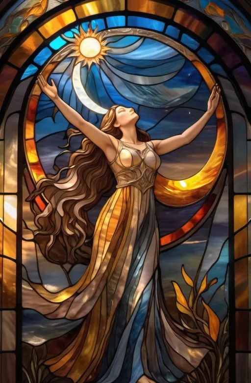 Prompt: woman worshiping the sun and moon