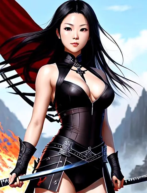 Prompt: Zhang Ziyi, 20 years old, , sleeveless, black wild hair, brown eyes, battlefield, holding a sheathed katana in hand, ethereal, black ninja Artifact armor from FFXIV, jewelry set,stunning, royal vibe, highly detailed, digital painting, Trending on artstation , HD quality, tan skin,artgerm,  by Ilya Kuvshinov 