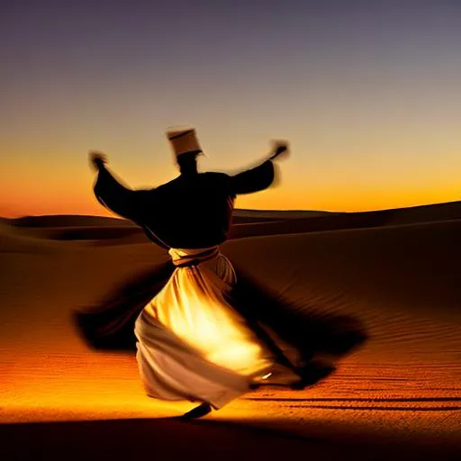 Prompt: 
light falling on Whirling dervish  in a Dark night on desert 