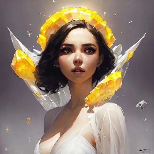 Prompt: queen in yelow crystal geode, sheer white cloth falling down around her, by artgerm, alessio albi, fabian perez, pino daeni, karol bak, cushart, wlop, craig mullins, peter mohrbacher, daniel f gerhartz, malcolm liepke