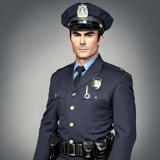 Prompt: A handsome Police officer in full uniform with a hat in a professional portrait, he is in uniform and looks like Ian Somerhalder with stubble
 