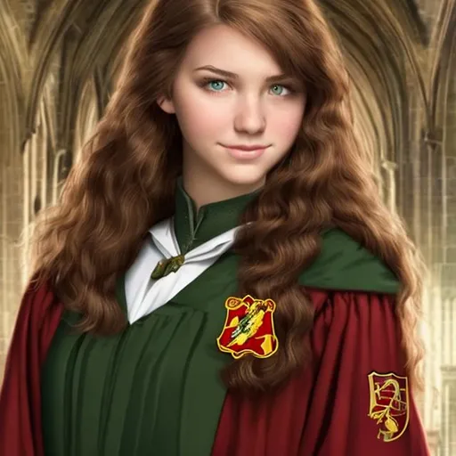 brown-haired, green-eyed beautiful woman as a Gryffi...