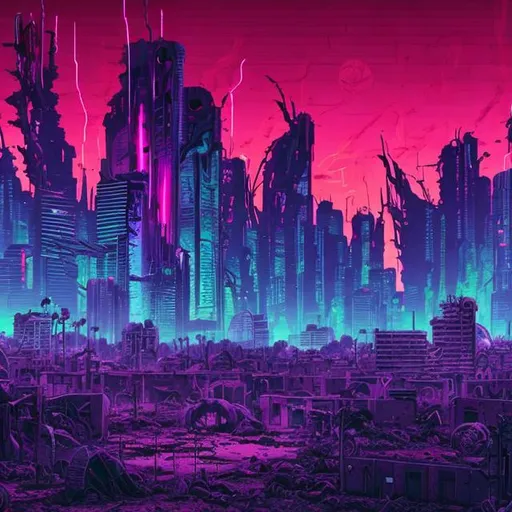 Prompt: Synthwave horrific ruined city