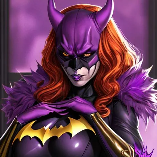 Prompt: Batman, bat-symbol, skin-tight purple and black suit, purple skin female, villain, evil, indoors, manor, purple skin, red and gold furniture, orange hair, demon, claws, horns supervillain suit