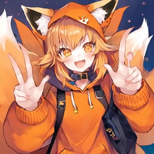 Prompt: 1girl, fox ears, happy face, fox tail, orange hoodie, 