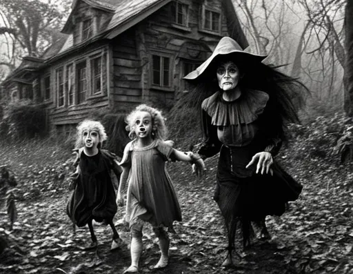 Prompt: Terrifying, ugly witch approaches two frightened children who have stumbled across her scary looking house sitting on four huge chicken-legs & hidden deep in the forest.