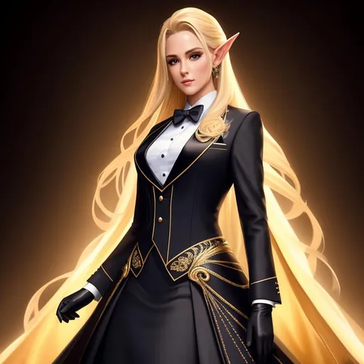 Prompt: tuxedo, suit, gloves, blonde, Oil painting, Chiaroscuro, landscape, UHD, 8K, highly detailed, panned out view of the character, visible full body, a hyperdetailed mage elven woman, long pointed ears, hyperdetailed long hair, masterpiece, hyperdetailed full body, hyperdetailed feminine attractive face and nose, complete body view, ((hyperdetailed eyes)), perfect body, perfect anatomy, beautifully detailed face, alluring smile, ((fantasy_gown1.3)), small chest