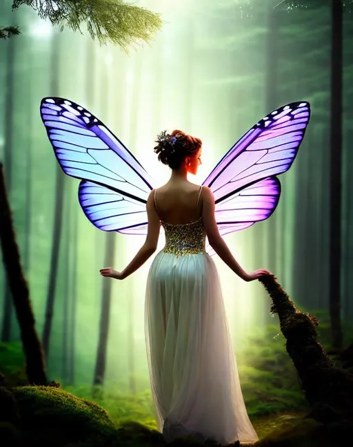 Prompt: Fairy dancing, butterfly wings, beautiful landscape, symmetrical, centered composition, white background, warm, fairy tales, light effects, aperture, trends on CGsociety, Human-like, beautiful, Beautiful Fairy flying in forest, pretty realistic face, fantasy forest, wonderland, glowing, detailed, pretty dresses, 3D, 4D, 4k, 8k 