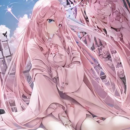 Prompt: light pink pentagram tattoo on abdomen, better quality, light pink hair, blue eyes, five fingers for each hand, scythe, hands wrapped around scythe, sitting on scythe , light pink dress, rose gold heels, long white trench coat, light pink wings on back, light pink heart halo above head, sky, clouds, flying,