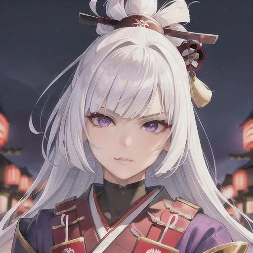 Prompt: (masterpiece, illustration, best quality:1.2), wolfcut hairstyle, white hair, purple eyes, wearing samurai armour, death stare, best quality face, best quality, best quality skin, best quality eyes, best quality lips, ultra-detailed eyes, ultra-detailed hair, ultra-detailed, illustration, colorful, soft glow, 1 girl,  traditional Japanese village as background