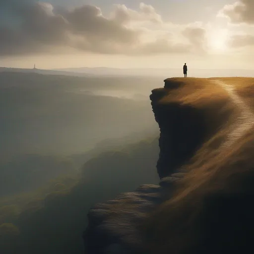 Prompt: In this image, a lone figure stands atop a cliff, bathed in the gentle morning light. They face a challenging yet promising path that winds through nature's beauty towards a distant village—a powerful symbol of hope and determination.
