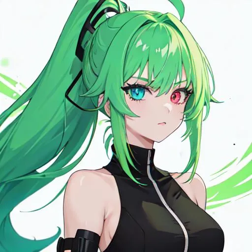 Prompt: She has a long, distinctive neon-green that fades to neon-blue hair in a ponytail, heterochromia eyes, symmetrical, anime wide eyes, as a bounty hunter
