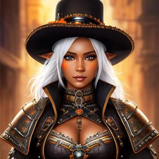 Prompt: UHD, hd , 8k,  oil painting, hyper realism, steampunk,  Very detailed, character zoomed out view, face is visible ,  black skin, orange artifactal eyes, elf female warrior with white hair whos flesh is  rotting , wears well decorated armor, shutgun, finely crafted armor background western village