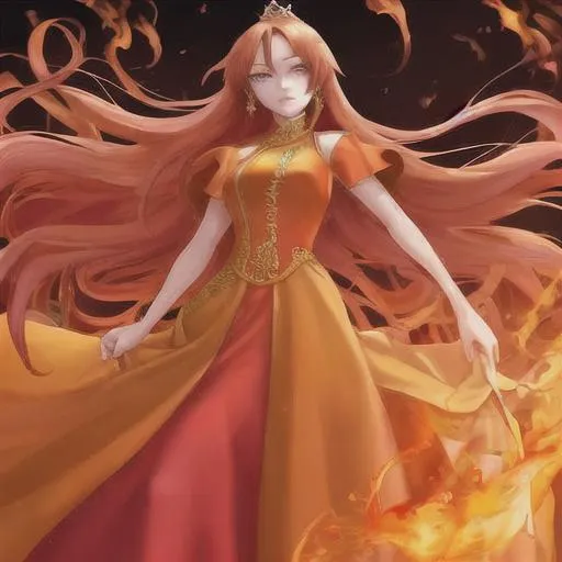 Prompt: butiful queen, very long red hair, orange and yellow dgradation long dress, sun and fire