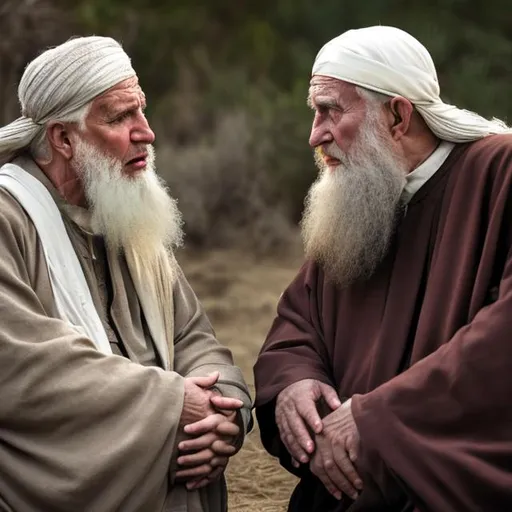 Prompt: Two old prophets looking sad talking to each other