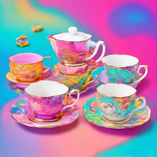 Prompt: tea set in the style of lisa frank