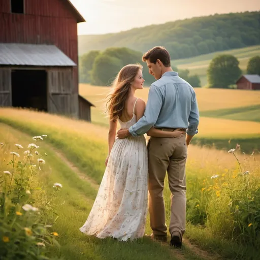 Prompt: In a picturesque countryside setting, a young couple stands hand in hand, surrounded by rolling hills, lush green fields, and blooming wildflowers. The sun casts a warm, golden glow over the scene, creating a serene and romantic atmosphere.

The man gazes deeply into the woman's eyes, his expression filled with love and sincerity. They're both dressed in simple, yet elegant attire, reflecting their down-to-earth and genuine nature.

Behind them, a rustic barn and a winding country road add to the rural charm of the setting. Birds chirp in the distance, and a gentle breeze rustles the leaves, adding to the tranquility of the scene.

The couple's connection is palpable, capturing the essence of "Deeper Than the Holler." The image portrays a love that's enduring and profound, rooted in the beauty and simplicity of country life.