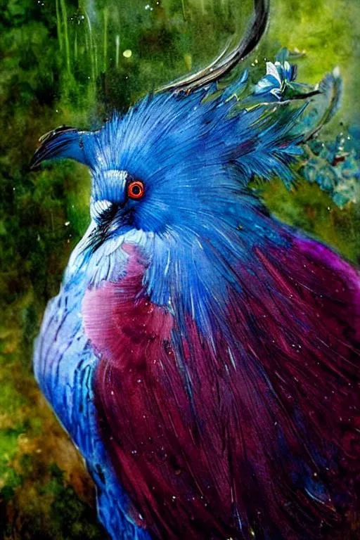 Prompt: majestic Blue Crowned Pigeon Watercolors wet. Iridescent colors. By Ivan Jean-Baptiste Monge, Ernst Haeckel, victo ngai, wlop, Johan messely, Robert Bissell, andreja peklar,  Anna Dittman, esao Andrews, Enki Bilal. Highly detailed, best quality. Cinematic smooth. Polished finish. Spring garden background 
