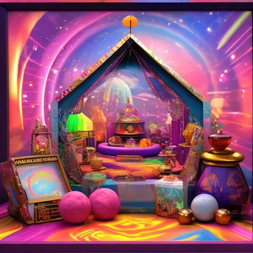 Prompt: Fortune teller diorama in the style of Lisa frank