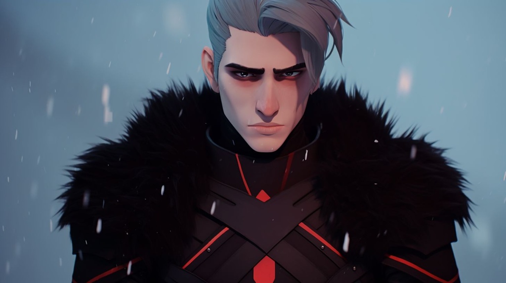 Prompt: handsome russian man with a chiseled jawline, ice blue undercut hair, bright blue eyes, Two red earings, Long thick black fur lining grey and black armor, disapointed expression, attractive, thick eyeliner, perfectly styled hair, red lance on his back, realistic warrior, heavy snow --iw 1.5 --upbeta --ar 16:9