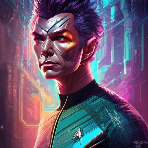 Prompt: "super ultra magna hyperdetailed  portrait of star trek in a delirium of the endless infinite,  bright neon vivid colourful articulate make up, the sandman, made by caravaggio stanley artgerm lau wlop rossdraws artstation cgsociety concept art cgsociety octane render"